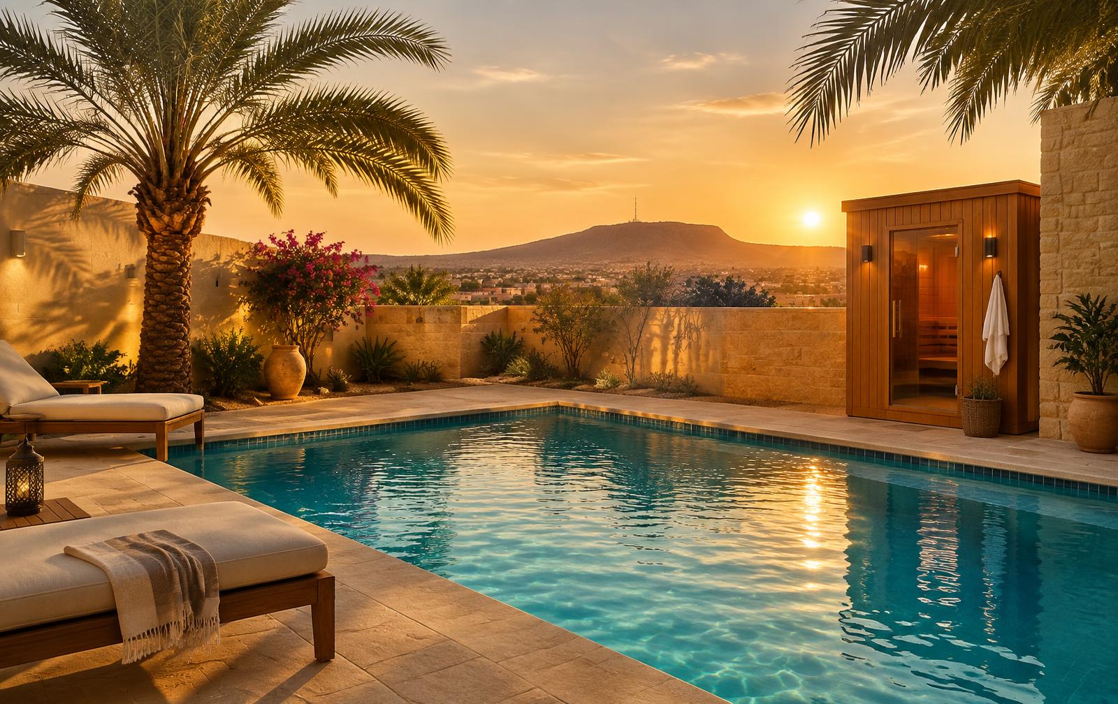 The Family Retreat pool and sauna at sunset